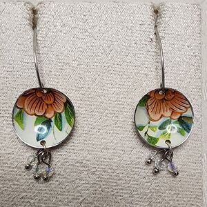 Vintage Hand-Painted Enamel Floral Dangle Earrings – Art Deco Style Collectible